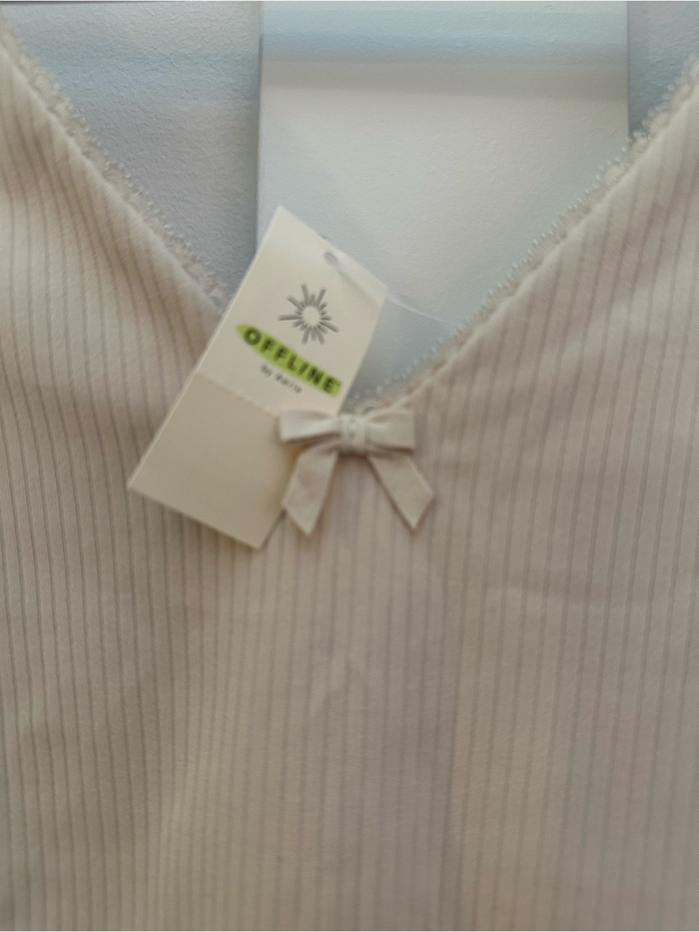 OFFLINE by Aerie Cream Ribbed Top with Bow Accent and Lace around the Neck